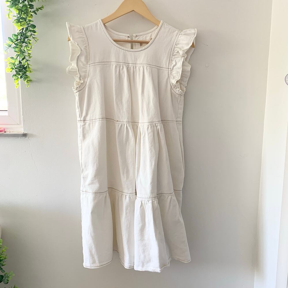 Altar'd State White Denim Babydoll Summer Tiered Dress Small